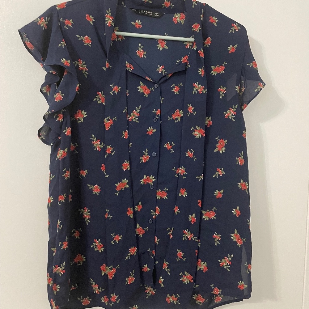 Zara navy floral tie neck blouse